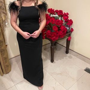 Black off the shoulder dress with fur